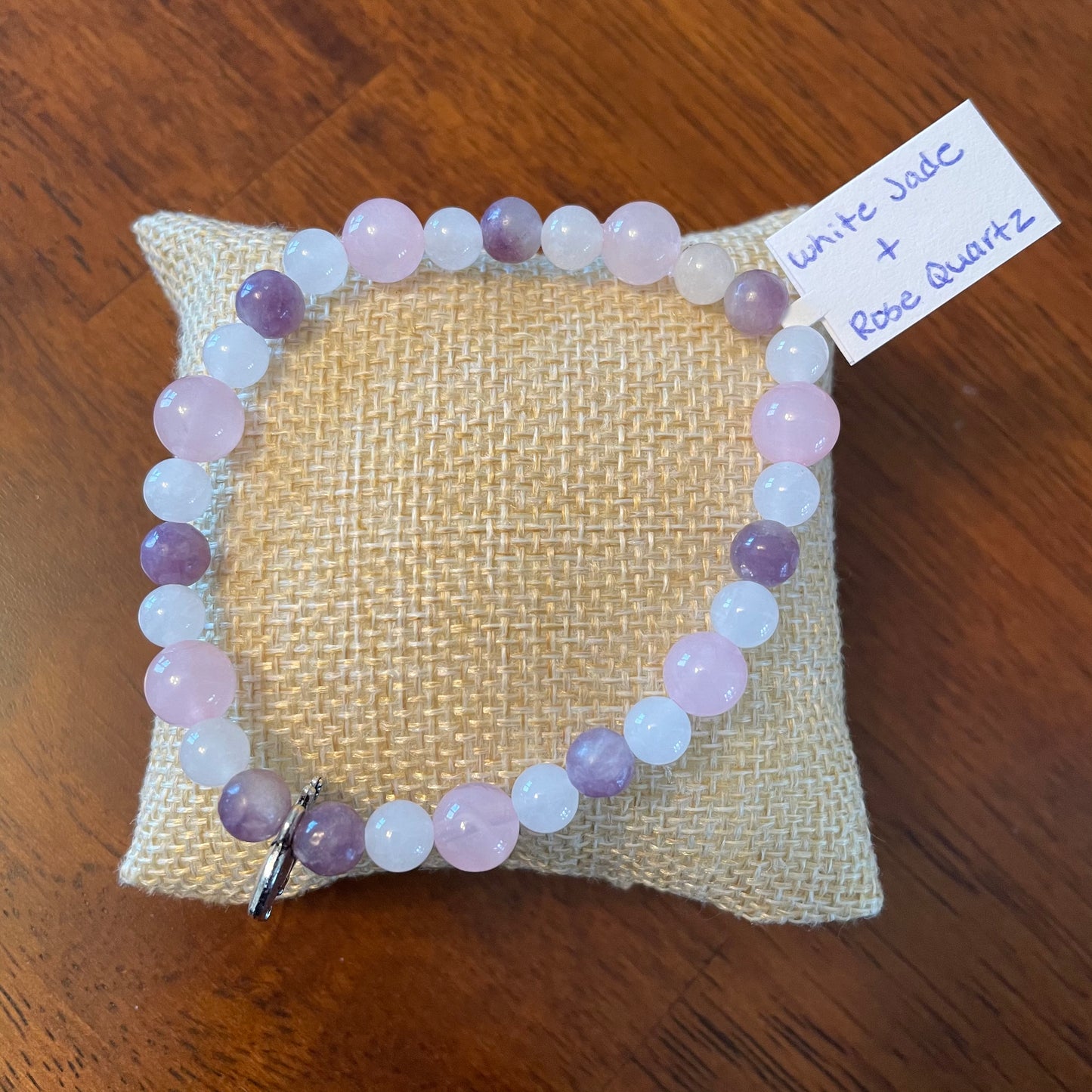 White Jade, Rose Quartz, + Lepidolite Bracelet
