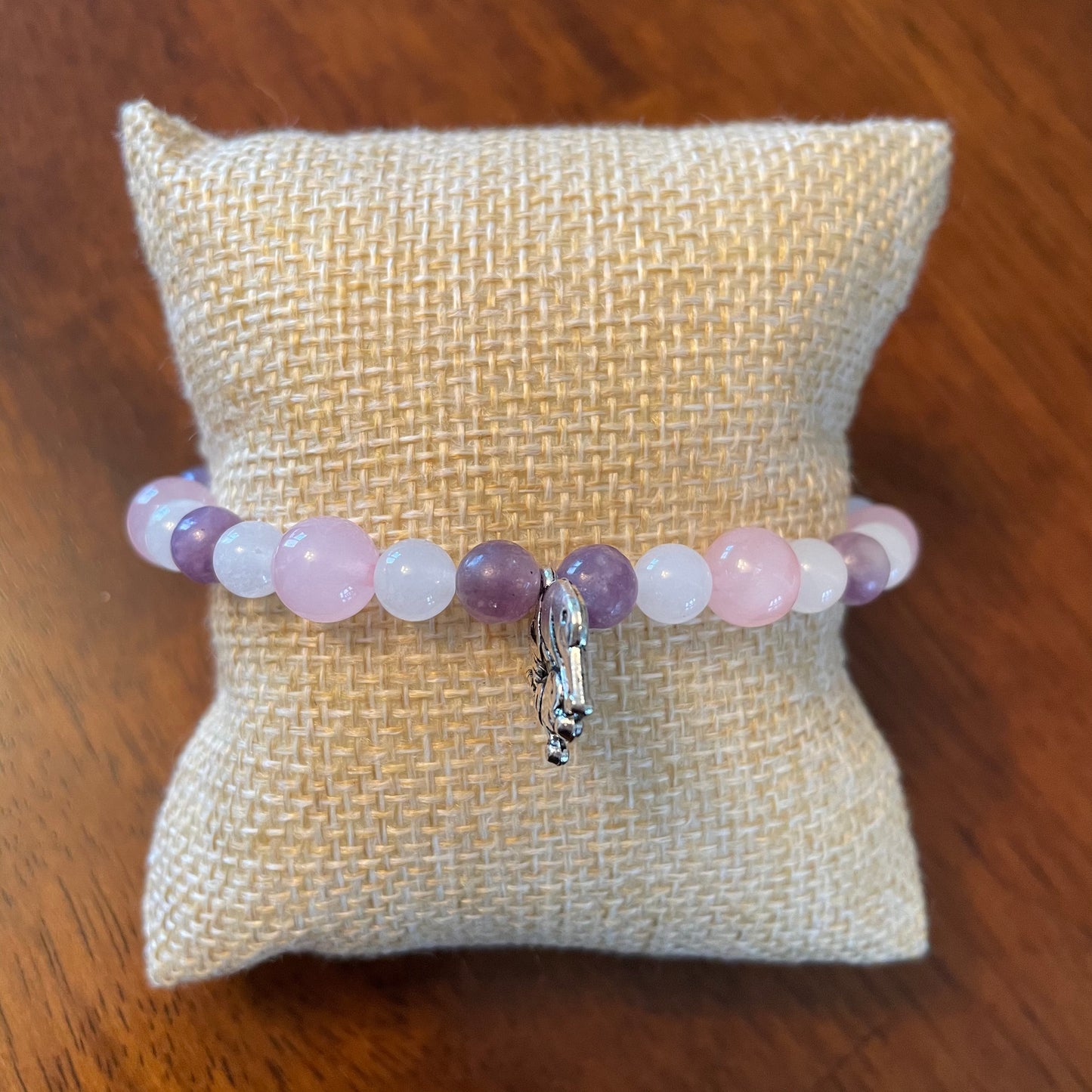 White Jade, Rose Quartz, + Lepidolite Bracelet