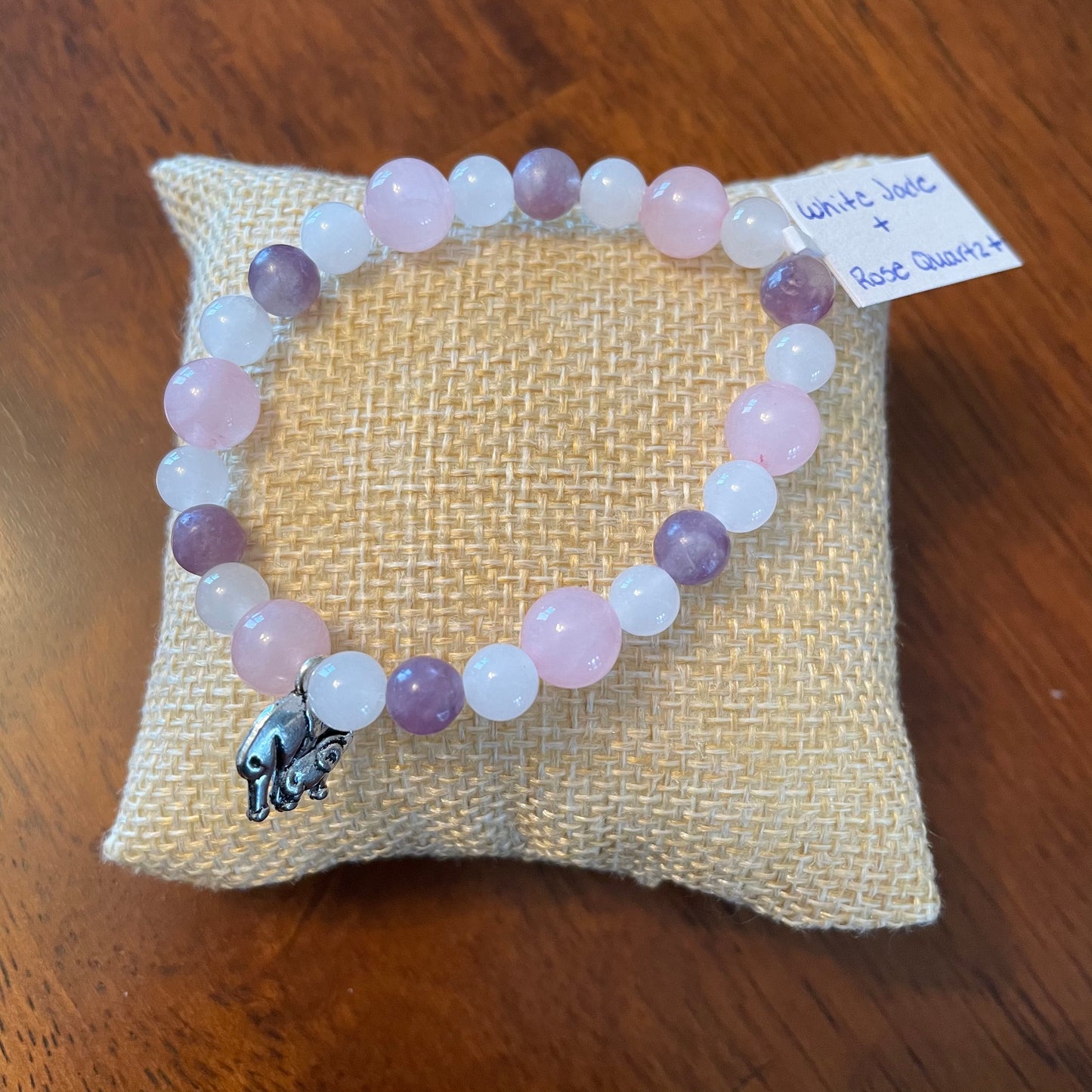 White Jade, Rose Quartz, + Lepidolite Bracelet