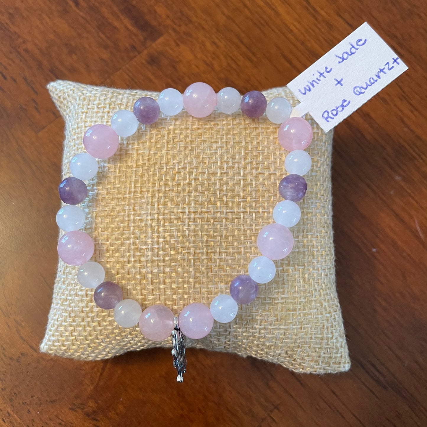 White Jade, Rose Quartz, + Lepidolite Bracelet